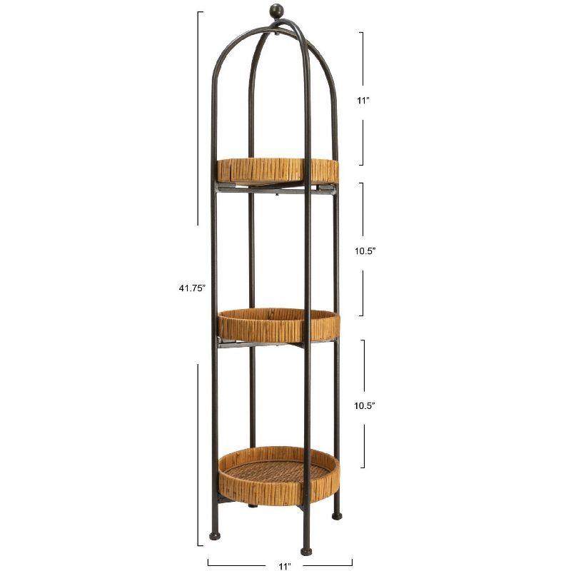 Storied Home Boho Arched Metal Plant Stand or Shelf with 3 Round Removable Rattan Trays, Natural and Black
