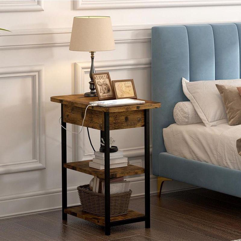 Rustic Brown End Table Set with Built-In Charging Station, Sofa/Couch Table with USB Ports and Outlets, Flip Top Nightstand