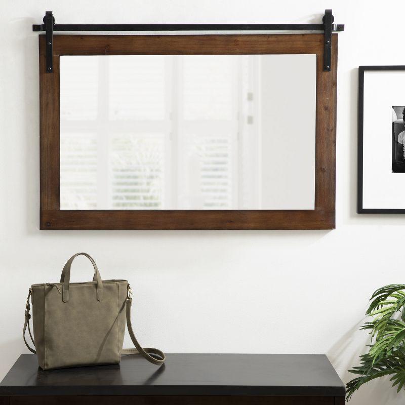 Walnut Brown Farmhouse Barn Door Wall Mirror with Metal Brackets