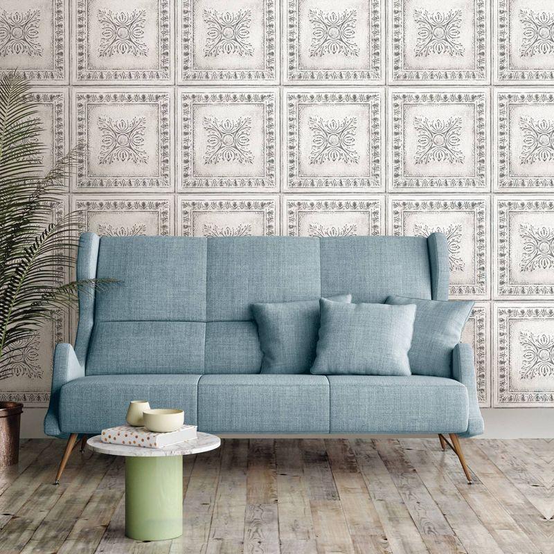 NuWallpaper Reclaimed Tin Peel & Stick Wallpaper: Removable Textured Vinyl, Classic Tile Pattern, Light Gray, 30.75 Sq Ft Coverage