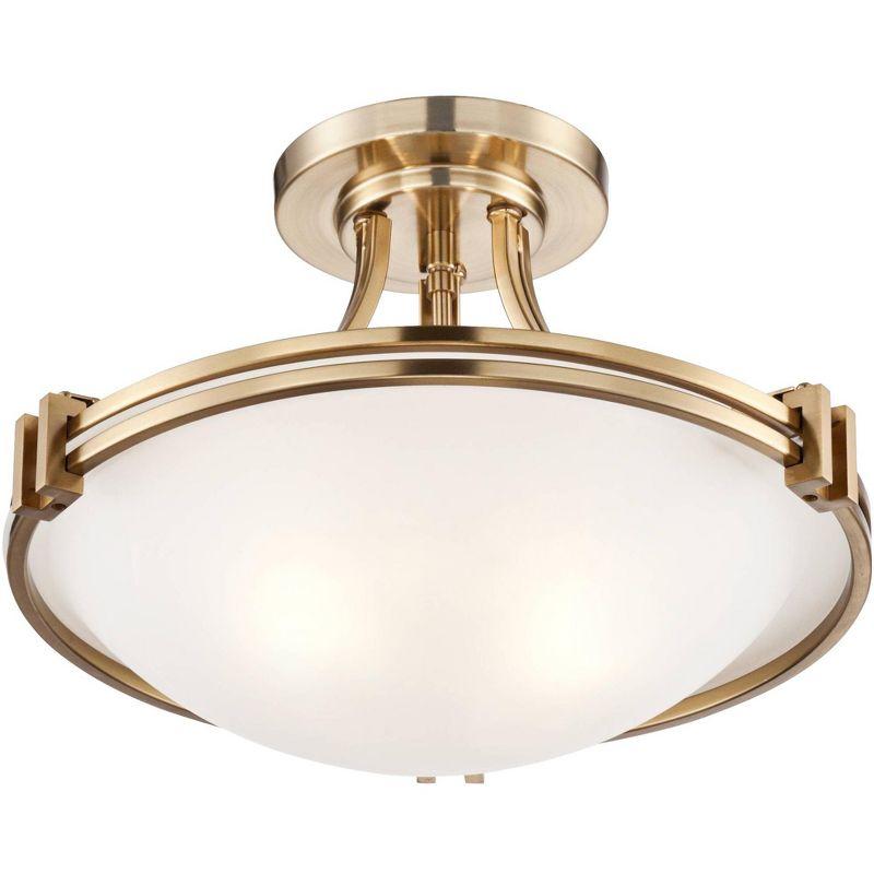 Possini Euro Design Deco Modern Ceiling Light Semi Flush Mount Fixture 16" Wide Warm Brass 2-Light White Glass Bowl for Bedroom Kitchen Living Room