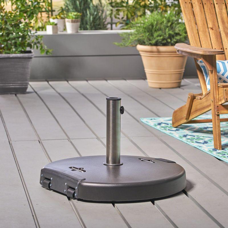 Black 132lb Concrete Umbrella Base with Stainless Steel Collar and Wheels