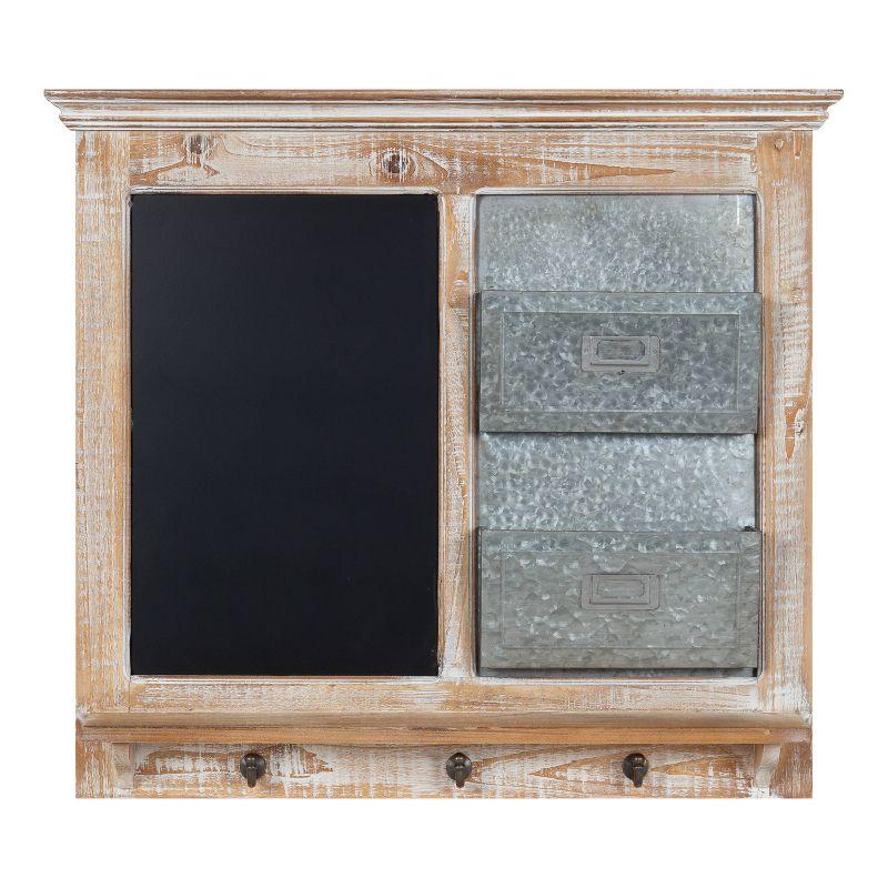 Distressed White Wood Wall Organizer with Chalkboard and Hooks