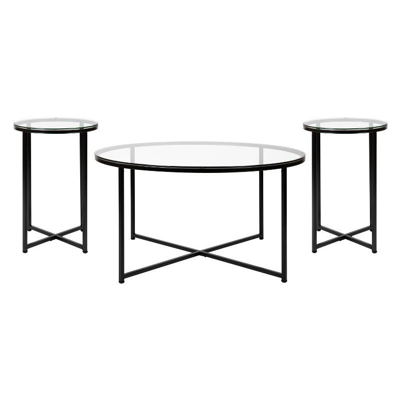 Clear Glass and Matte Black 3-Piece Round Coffee Table Set