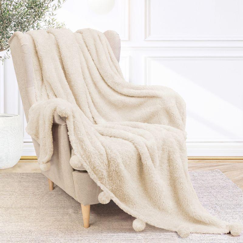 Ivory Cream Sherpa Fleece Throw Blanket with Pom Poms