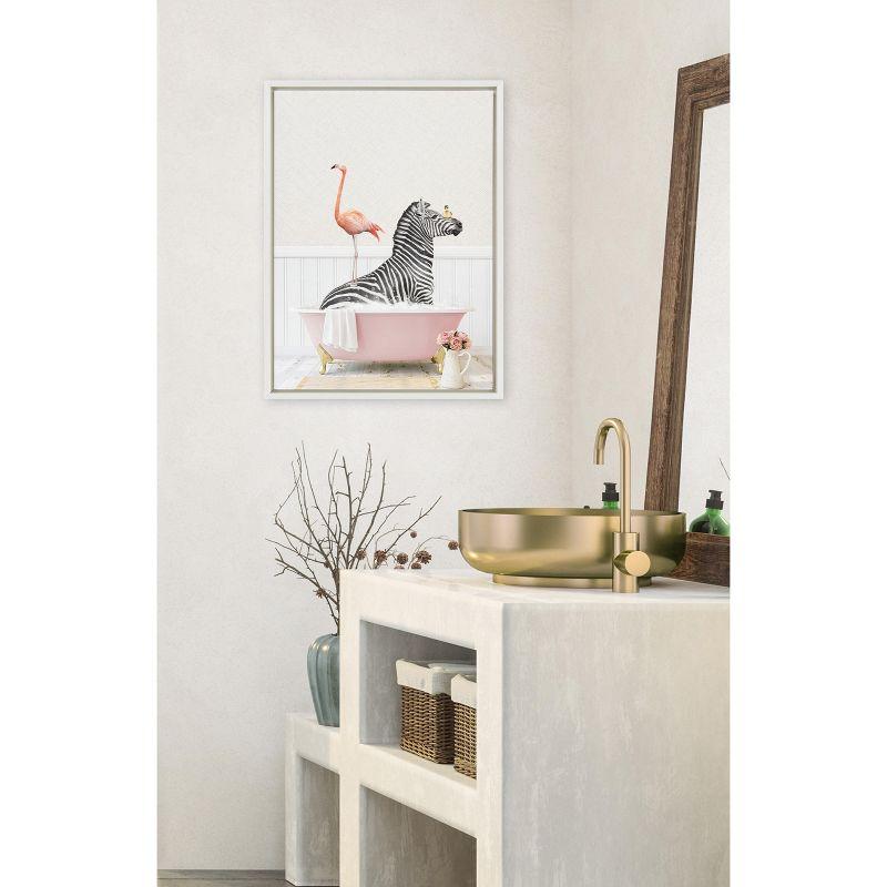 Kate and Laurel Sylvie Zebra and Flamingo in Cottage Rose Bath Framed Canvas by Amy Peterson Art Studio, 18x24, White