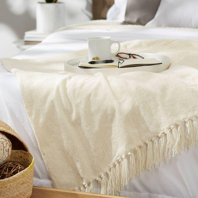 Cream Knitted Chenille Throw Blanket with Fringe