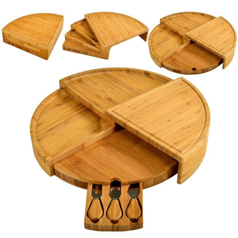 Picnic at Ascot Patented Swiveling Multi Level Extra Large Bamboo Charcuterie Board with Cheese Knife Set, Stores as a Compact Wedge