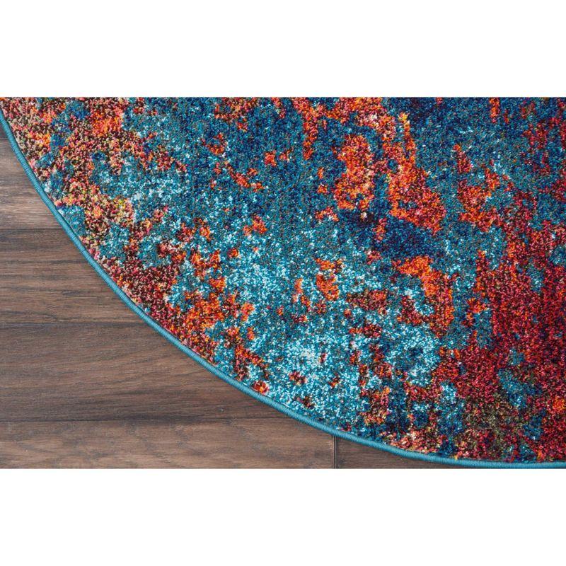 Round Blue Abstract Synthetic Easy Care Rug, 5'3"