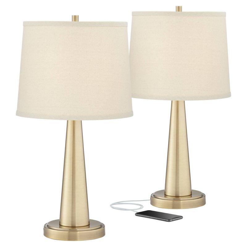 Gold Modern Table Lamps with USB Ports and Beige Drum Shades, Set of 2