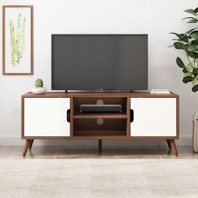 GDFStudio Zapara 47.25" Wooden TV Stand with 2-Cabinets, Walnut and White