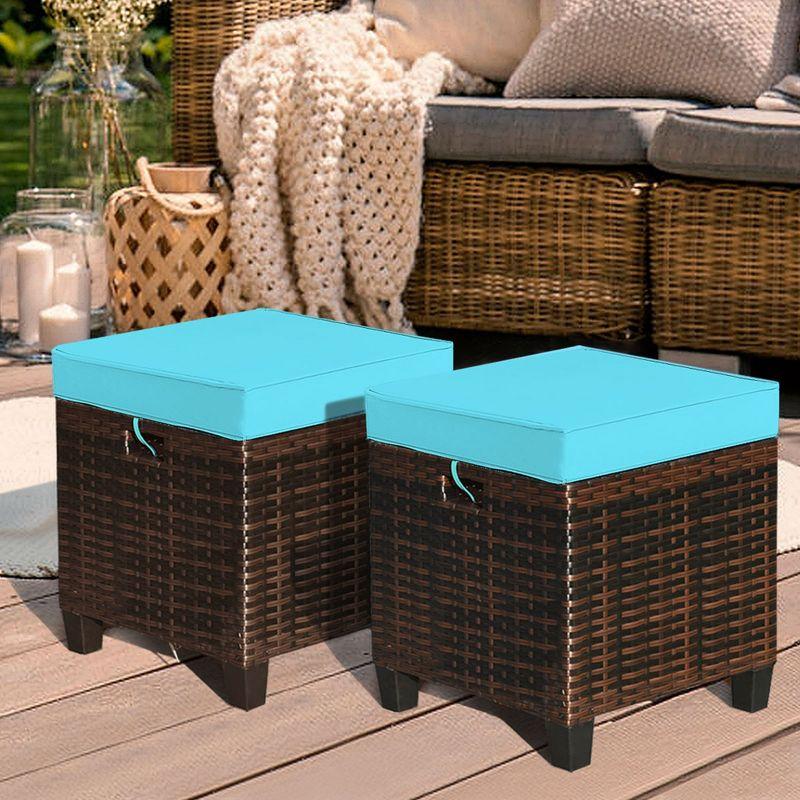 Costway 2PCS Patio Rattan Ottoman Cushioned Seat w/ Foot Rest Turquoise