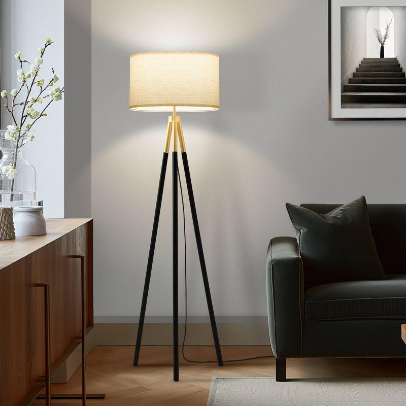 Brightech Levi 61" Mid-Century Modern LED Tripod Floor Lamp with Black Legs, Gold Finish, and Fabric Drum Shade, Bulb Included