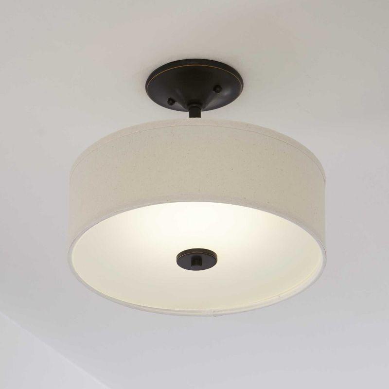 Progress Lighting Inspire 1-Light LED Semi-Flush Mount, Antique Bronze, Etched Glass Diffuser, Off-White Linen Shade