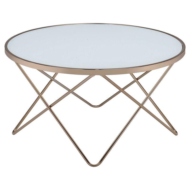 Champagne Elegance Round Glass Coffee Table with Geometric Base