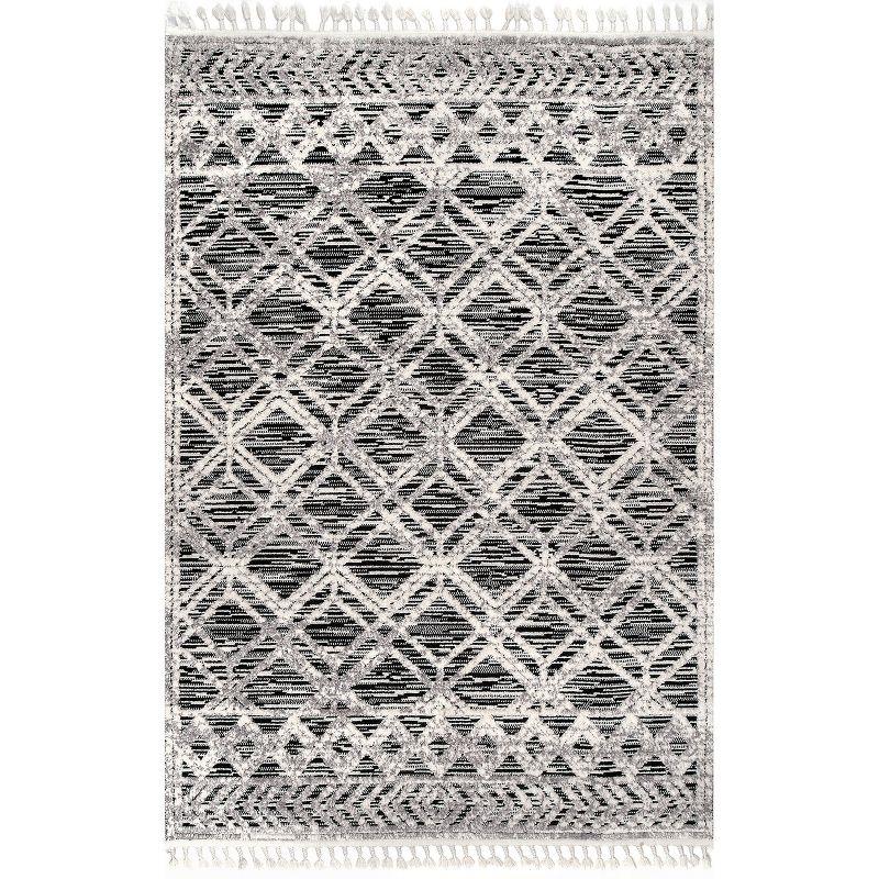 Nuloom 4x6 Ansley Moroccan Tassel Indoor Area Rug, Grey, High-Low Textured Bohemian Design, Plush High Pile, Stain Resistant, Bedroom, Living Room