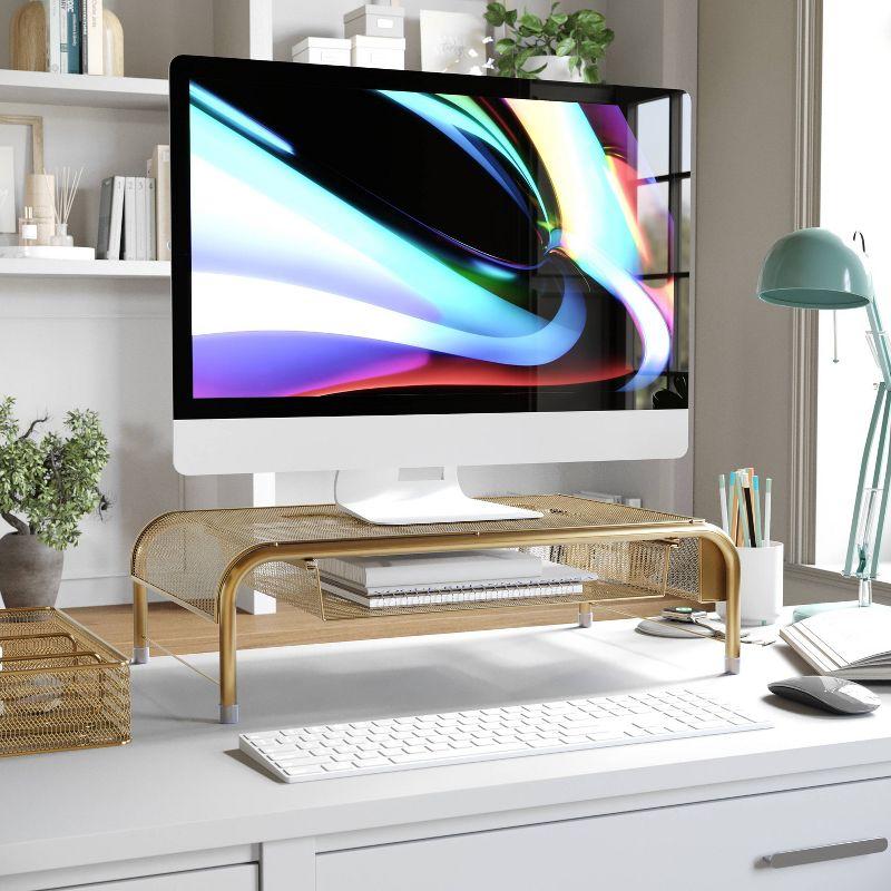 Gold Mesh Metal Desktop Monitor Stand Riser with Drawer