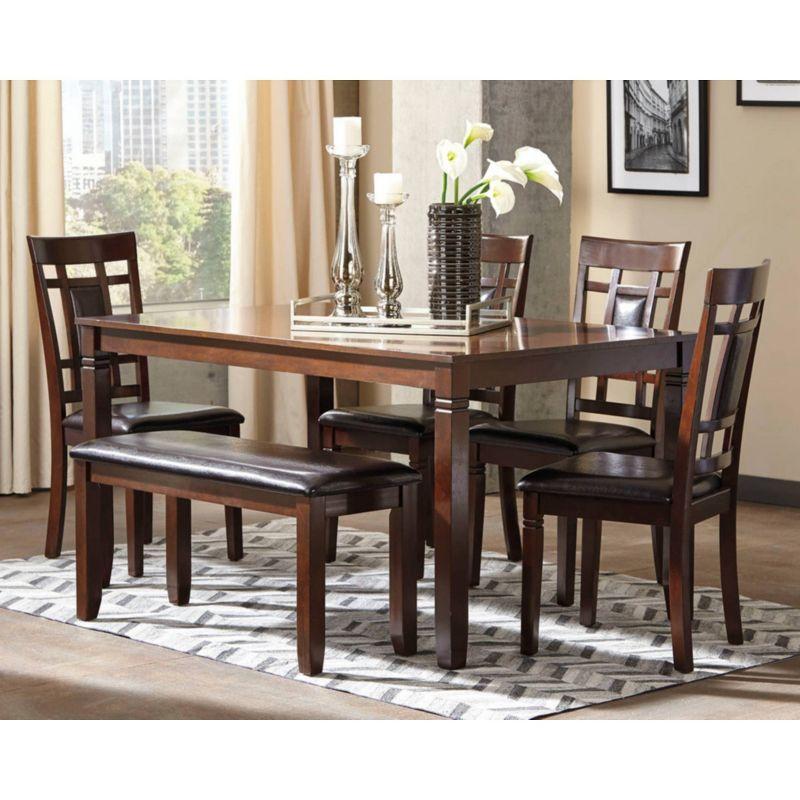 Signature Design by Ashley Bennox Dining Table Set Brown: 6-Piece Modern Rectangular Non-Extension Set with Bench & Upholstered Chairs