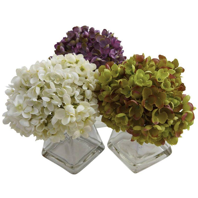 Nearly Natural Set of 3 Artificial Hydrangea Plant in Glass Vase: Faux Floral Decor, Indoor Tabletop Display