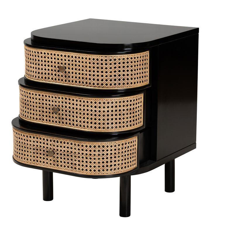 bali & pari Nabila Modern Bohemian Black Bayur Wood and Natural Rattan 3-Drawer End Table Nightstand