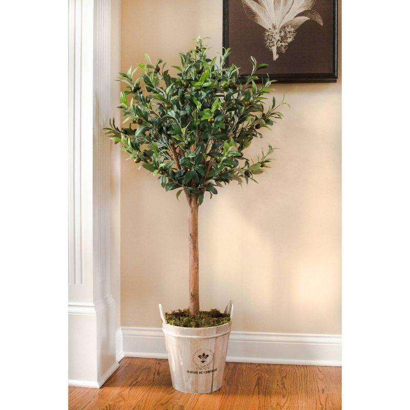 Elegant 4.5' Silk Olive Topiary Tree in Farmhouse Barrel Planter