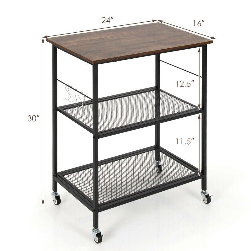Costway 3-Tier Kitchen Serving Cart Utility Standing Microwave Rack w/ Hooks