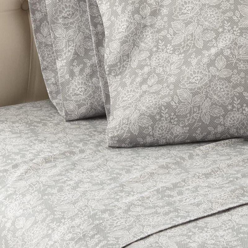 King Gray Floral Micro Flannel Sheet Set