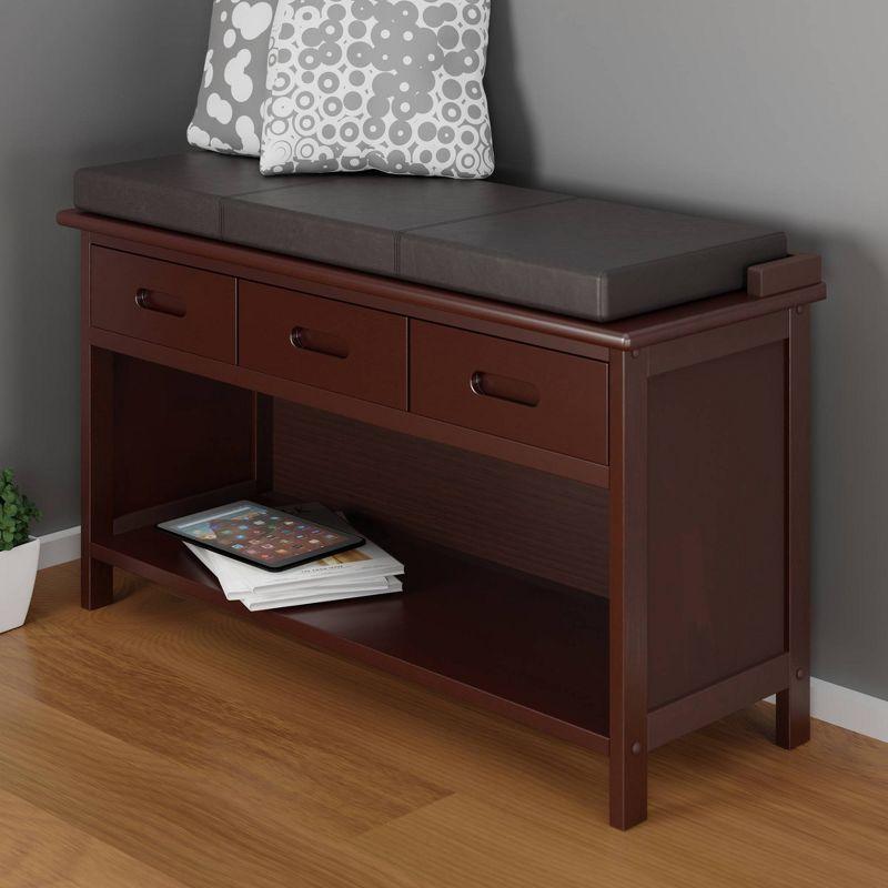 Adriana Entryway Storage Bench with Cushion Walnut - Winsome: Solid Wood, 3 Drawers, Faux Leather