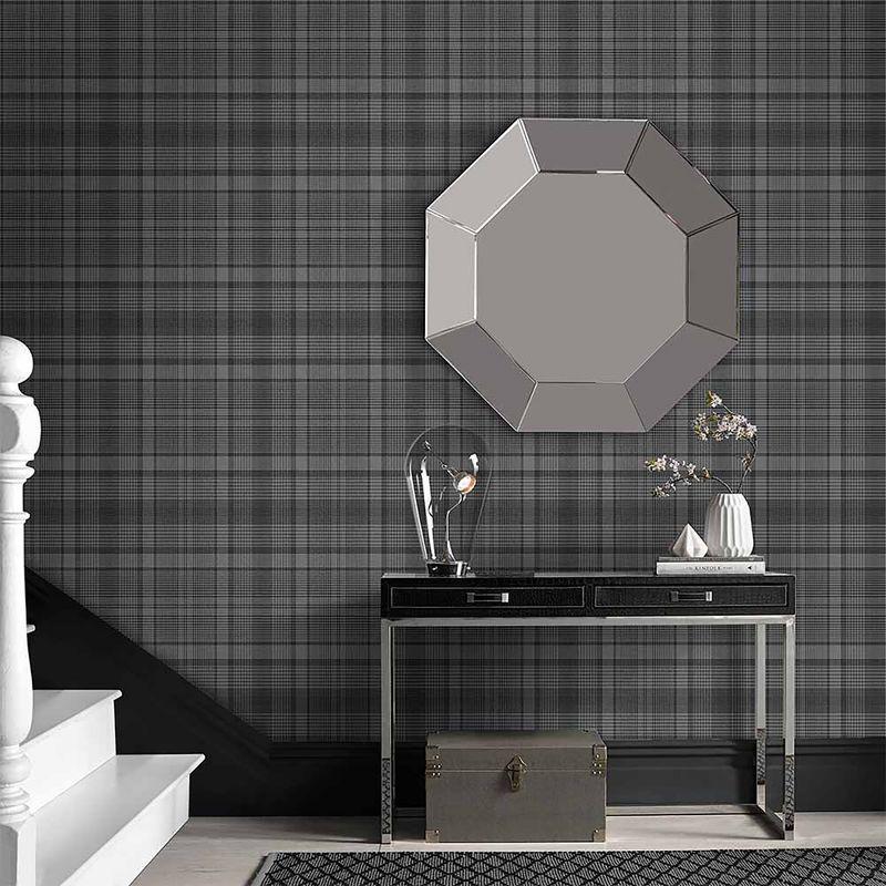 Heritage Charcoal Grey and Black Plaid Wallpaper Roll