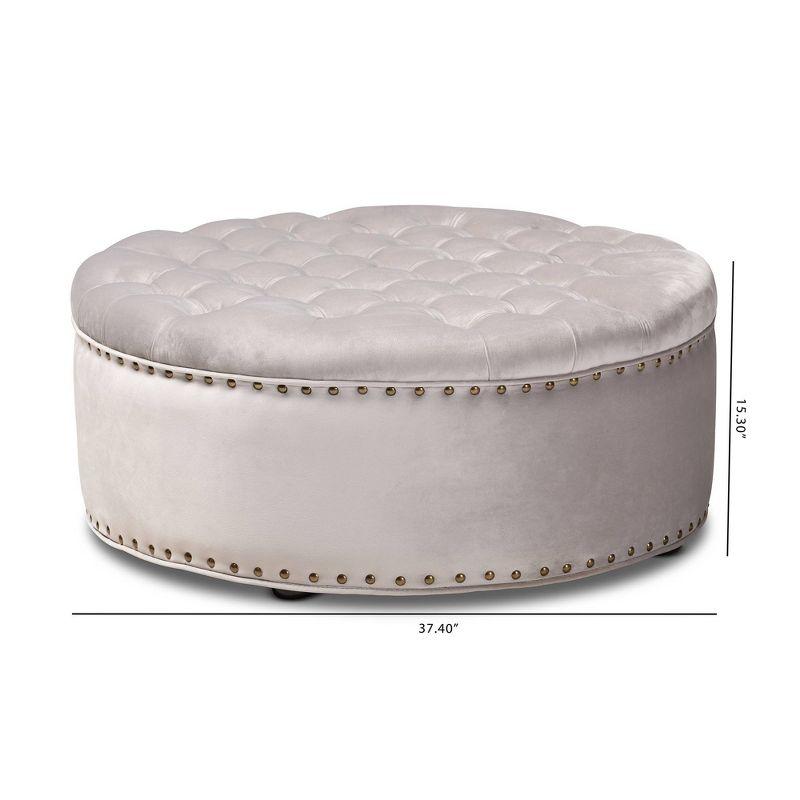 Light Gray Velvet Tufted Round Ottoman with Eucalyptus Frame