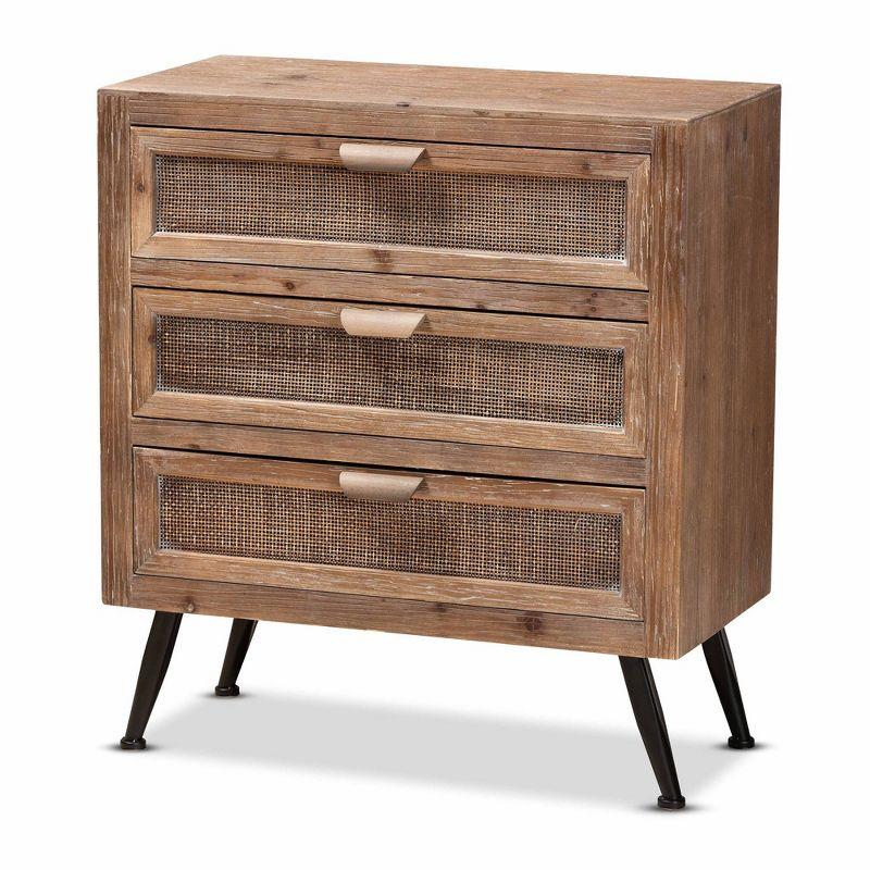 Mid-Century Natural Brown Wood and Rattan 3-Drawer Cabinet