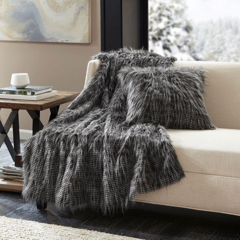 Madison Park 20"x20" Oversize Adelaide Faux Fur Square Throw Pillow Black: Luxury Texture, Mink Reverse, Zipper Closure