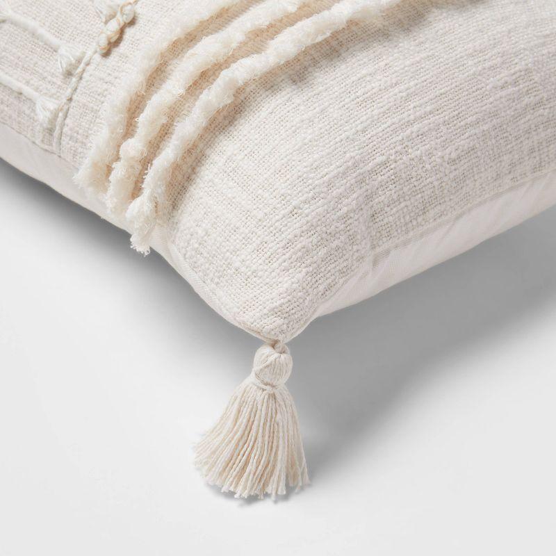 Oversized Rectangular Cream Cotton Knotted Fringe Pillow