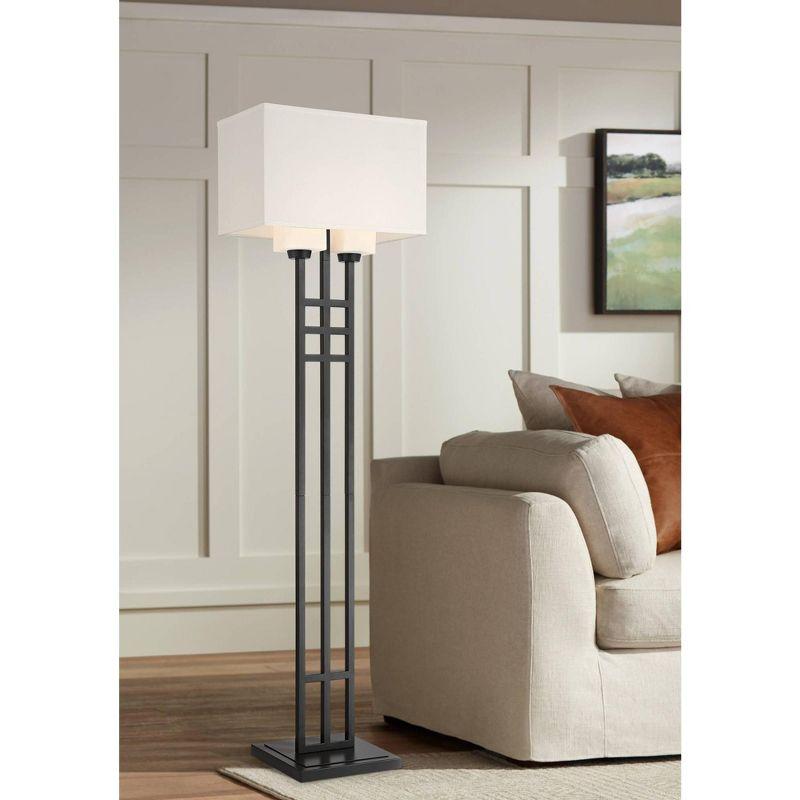 Franklin Iron Works Industrial Floor Lamp 64" Tall Matte Black 3-Light Rectangular Linen White Glass Shades for Living Room House