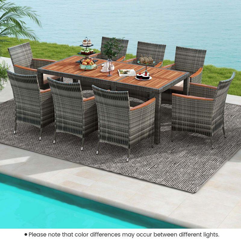 Costway 9PCS Patio Rattan Dining Set Acacia Wood Table Cushioned Chair Mix Gray