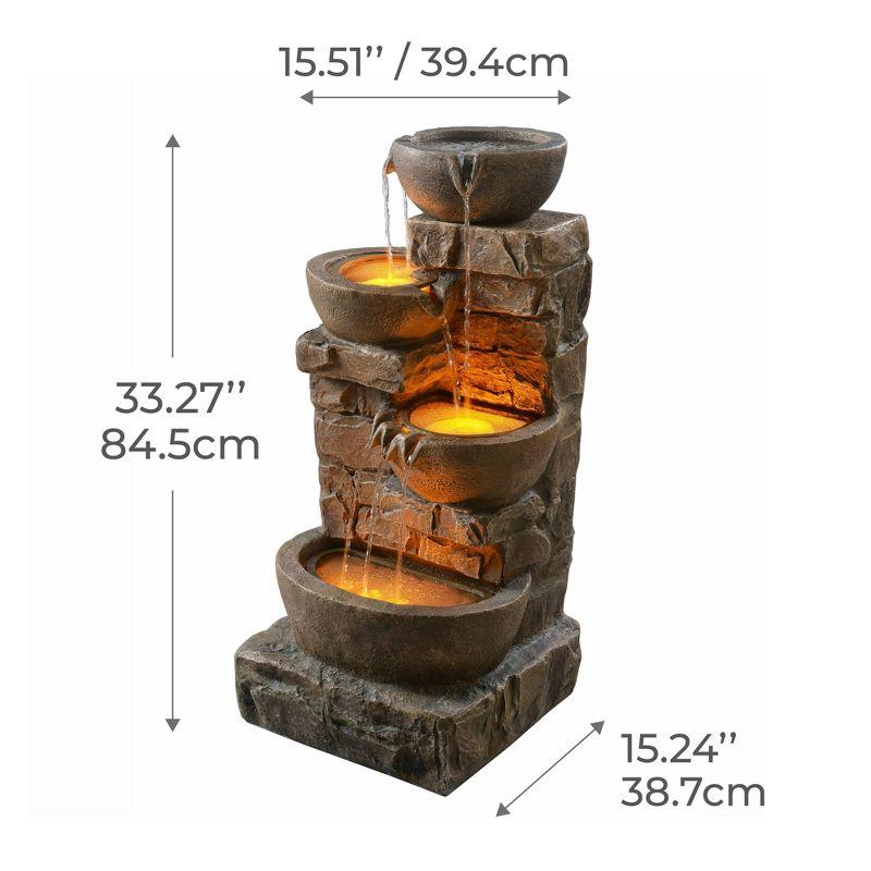 Teamson Home 33.27" Polyresin Cascading Bowls & Stacked Stones LED Fountain: Rust-Resistant, Electric Pump, Ground Freestanding