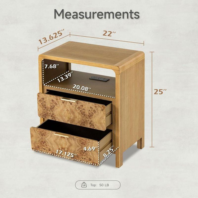 COZAYH Farmhouse 2 Drawer Home Bedroom Nightstand with Charging Station, Side Table with Power Outlet, USB and Type-C Ports, Burl Wood Finish, Natural