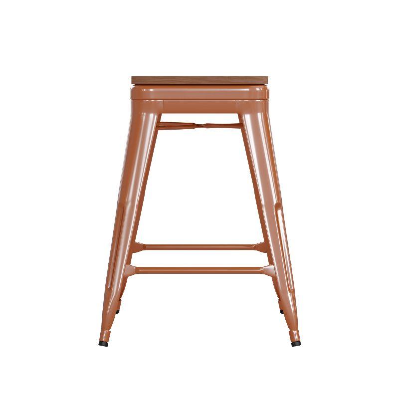 Flash Furniture Kai Commercial Grade 24" High Backless Orange Metal Indoor-Outdoor Counter Height Stool with Teak Poly Resin Wood Seat