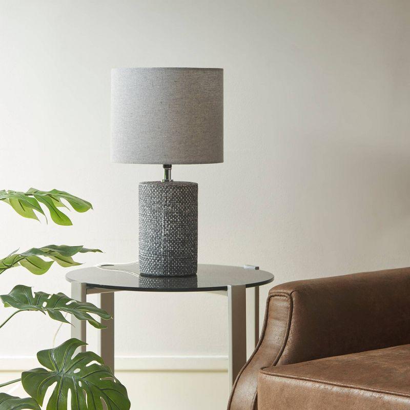 Gray Ceramic Table Lamp with Textured Base and Drum Shade