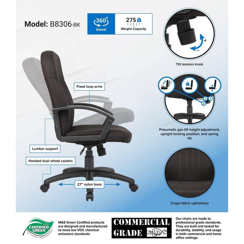 Mid Back Fabric Managers Chair Black - Boss Office Products: Ergonomic, Swivel, Adjustable Height, Metal Frame