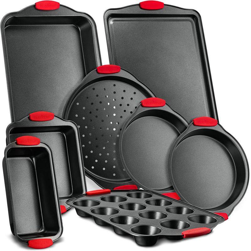 NutriChef 8-Piece Non-Stick Carbon Steel Bakeware Set with Red Silicone Handles