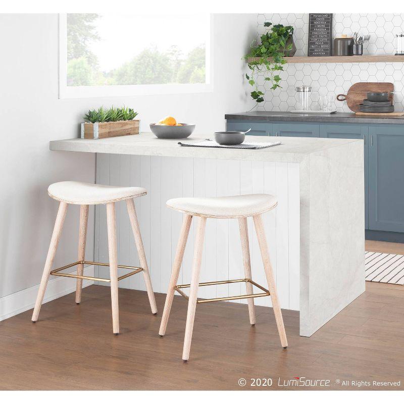 Contemporary White Washed Wood & Cream Saddle Counter Stool, Set of 2