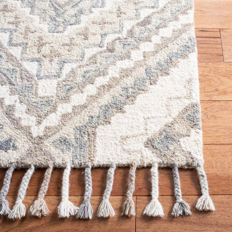 Ivory and Taupe Geometric Wool Runner Rug with Fringe