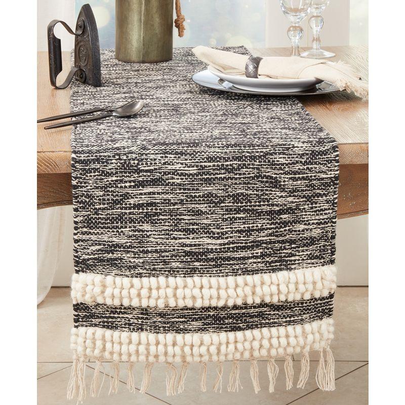 Saro Lifestyle Boho Fringe Pom Pom Stripe Table Runner, 16"x72", Black