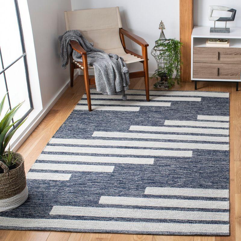 Ivory and Navy Striped Wool-Cotton Flat Woven Area Rug