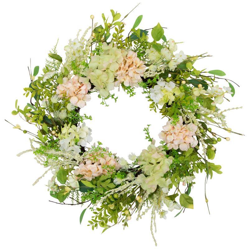 Northlight Seasonal Hydrangea and Fern Spring Floral Berry Wreath Green and Pink 28"