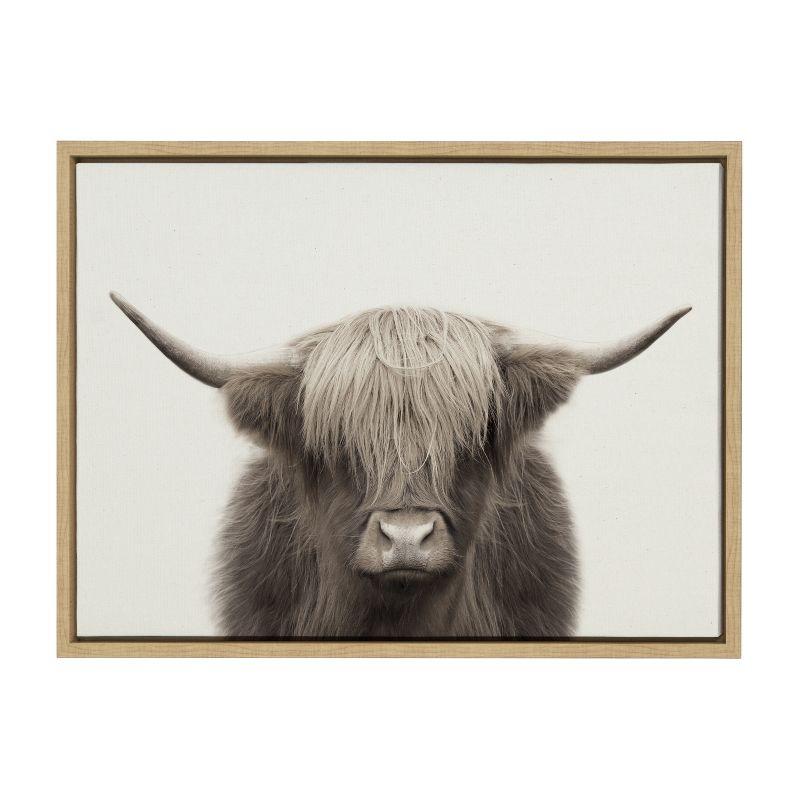 Kate and Laurel Sylvie Hey Dude Highland Cow Color Framed Canvas by The Creative Bunch Studio, 18x24, Natural