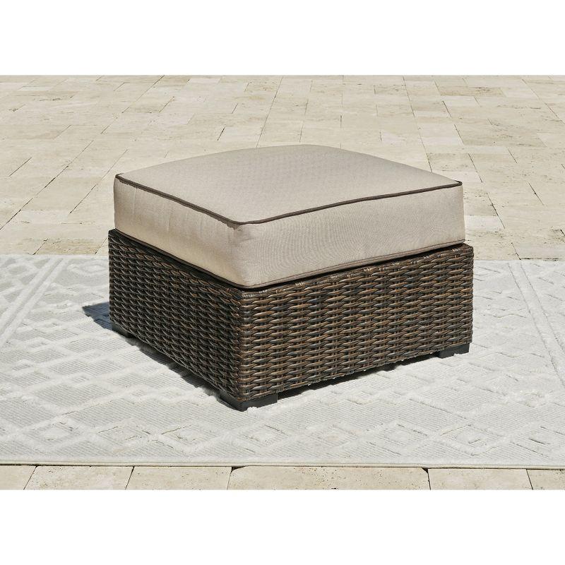 Beige and Brown Outdoor Resin Wicker Ottoman with Cushion