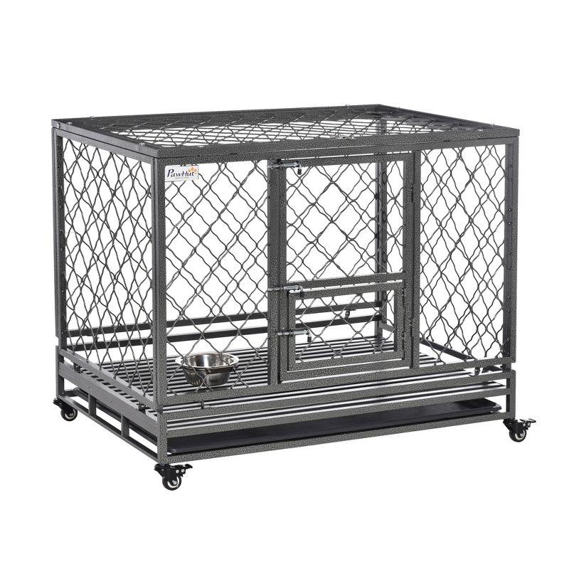 PawHut 42.5" Heavy Duty Dog Crate Metal Kennel and Cage Dog Playpen with Lockable Wheels, Slide-out Tray, Food Bowl and Double Doors