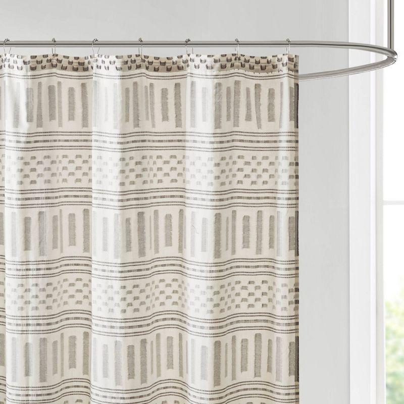 Ivory and Charcoal Cotton Jacquard Shower Curtain with Stripes